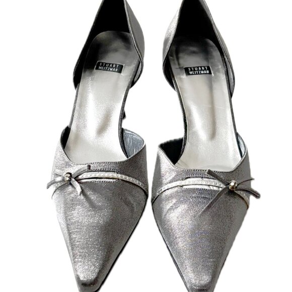 Stuart Weitzman Globonanno Evening Heels Pewter Matte Shimmery Lame Womens 10 B - Picture 2 of 14